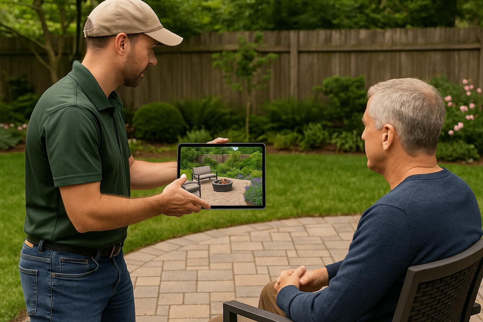 Paysagiste montrant une projection de jardin sur tablette à un client