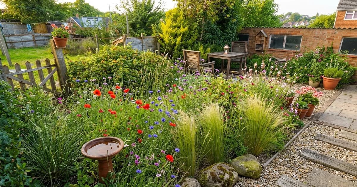 Massif de jardin avec arbustes de tailles différentes montrant leur développement