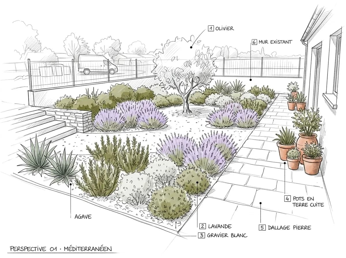 Perspective annotée d'un jardin méditerranéen générée à partir d'une photo et d'un plan, légendes numérotées