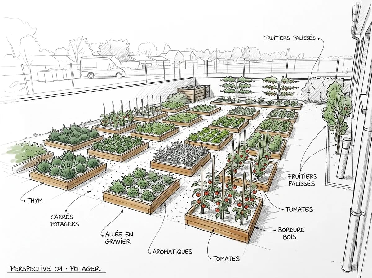 Croquis annoté en perspective d'un jardin potager, carrés surélevés et allée en gravier légendés